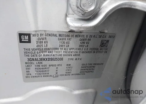 2013 Chevrolet Captiva Sport Lt z USA, uszkodzony, nr VIN 3GNAL3EKXDS625308